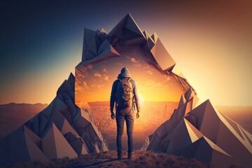 Poster - A Man Standing On Top Of A Mountain Looking At The Sun Mountain Graphic Design Adventure Travel  Generative AI 