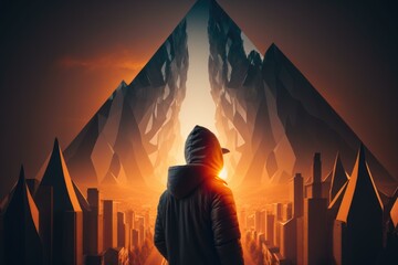 Poster - A Man In A Hooded Jacket Looking At A Futuristic City Desert Graphic Design Computer Graphics 
