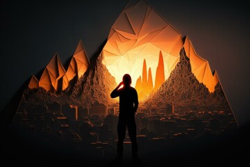 Poster - A Man Standing In Front Of A Mountain With A Sunset In The Background Modern City Skyline In The Morning With Sunrise Graphic Design Cities  Generative AI 