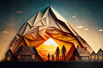 Poster - A Man And A Child Standing In Front Of A Mountain Mountain Paper Cutting Home Insurance 