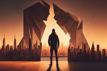 Poster - A Man Standing In Front Of A City Skyline Modern City Skyline In The Morning With Sunrise Graphic Design Cybersecurity  Generative AI 