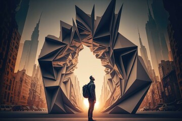 Poster - A Man Standing In Front Of A Giant Piece Of Art Modern City Skyline In The Morning With Sunrise Graphic Design Architectural Design  Generative AI 