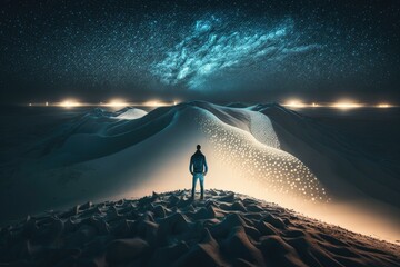 Fototapete - A Man Standing On Top Of A Snow Covered Hill Moonlit Desert Night Photography Digital Art 