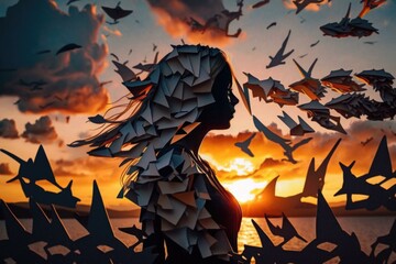 Poster - A Woman Standing In Front Of A Sunset With Birds Flying Around Her Tundra Origami Creativity  Generative AI 