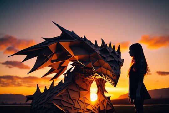 A Woman Standing Next To A Dragon Statue At Sunset Urban Park At Sunset Paper Cutting Metal Art 