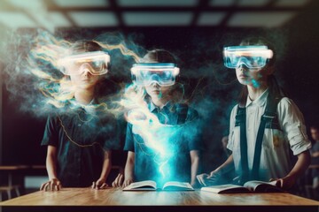 Aufkleber - three people with glasses on their heads are standing in front of a book science museum stereoscopic