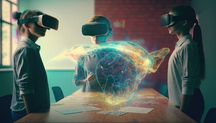 Poster - two people wearing virtual heads and glasses standing in front of a table workshop stereoscopic phot