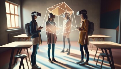 Poster - A Group Of People Standing Around A Room With Virtual Headsets Workshop Stereoscopic Photography Engineering Education  Generative AI 