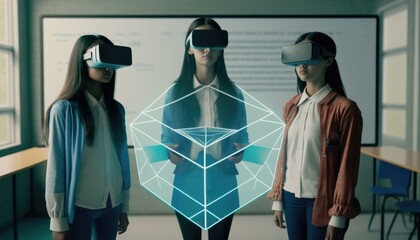 Poster - Three Women Wearing Virtual Headsets In A Room Workshop Stereoscopic Photography Virtual Reality  Generative AI 