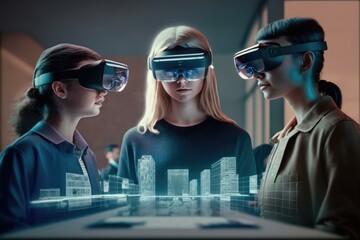 Poster - Three People Wearing Virtual Glasses Looking At A City Construction Site Stereoscopic Photography Augmented Reality  Generative AI 