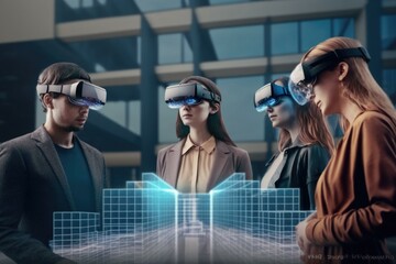 Poster - A Group Of People Wearing Virtual Glasses Looking At A Building Construction Site Advertising Photography Augmented Reality  Generative AI 