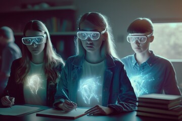 Poster - Three People Wearing 3D Glasses While Looking At A Book Workshop Advertising Photography Science Education  Generative AI 