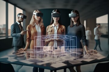 Poster - A Group Of People Standing Around A Table With Virtual Headsets Workshop Stereoscopic Photography Smart Homes  Generative AI 