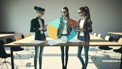 Poster - three women standing in front of a table with a 3d model of a cube conference room cubism computer g