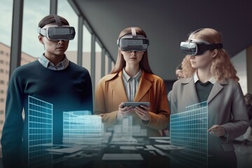 Poster - Three People Wearing Virtual Glasses Looking At A Tablet Workshop Stereoscopic Photography Smart Homes  Generative AI 