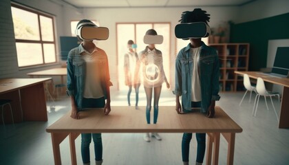 Poster - Three People Wearing Virtual Headsets Standing On A Table Workshop Stereoscopic Photography Virtual Reality  Generative AI 
