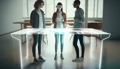 Poster - Three People Standing In A Room With A Virtual Interface Conference Room Stereoscopic Photography Augmented Reality  Generative AI 