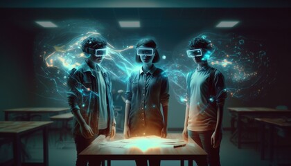 Poster - Three People Standing In A Room With Virtual Glasses Classroom Stereoscopic Photography Augmented Reality  Generative AI 