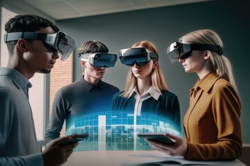 Poster - A Group Of People Wearing Virtual Glasses Looking At A Tablet Conference Room Stereoscopic Photography Augmented Reality  Generative AI 