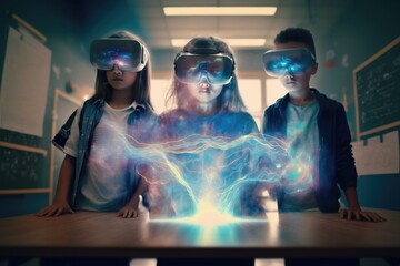Poster - Three Children Wearing Virtual Glasses In A Room With A Table Science Museum Stereoscopic Photography Science Education  Generative AI 