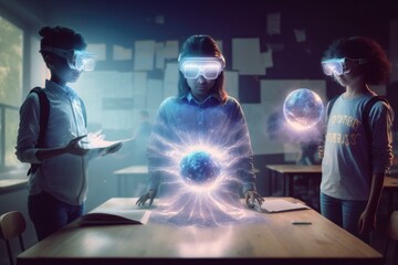 Poster - Three People Wearing Virtual Glasses Around A Table With A Book Classroom Stereoscopic Photography Augmented Reality  Generative AI 