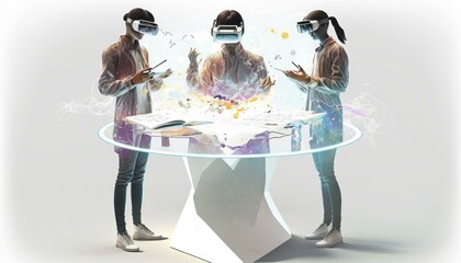 Poster - Two People Standing In Front Of A Table With A Tablet Conference Room Stereoscopic Photography Augmented Reality  Generative AI 
