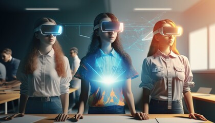 Poster - Three Women Wearing Virtual Glasses In A Classroom With A Projector Workshop Stereoscopic Photography Virtual Reality  Generative AI 