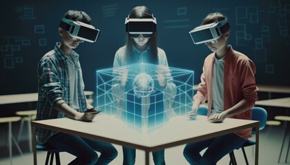 Poster - three people wearing virtual headsets around a table workshop stereoscopic photography augmented rea