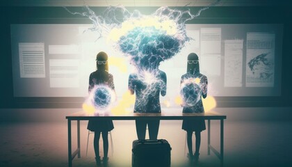Poster - Three People Standing In Front Of A Table With A Lightening Effect Science Museum Video Art Augmented Reality  Generative AI 