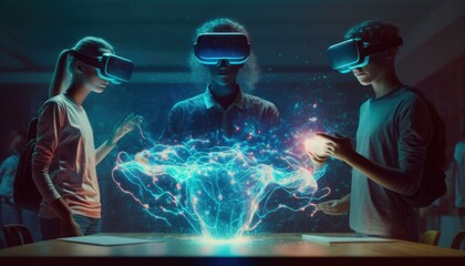 Poster - Three People Wearing Virtual Glasses Looking At A Glowing Object Workshop Stereoscopic Photography Virtual Reality  Generative AI 