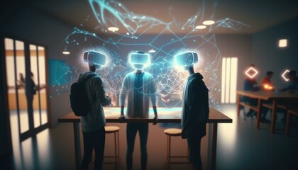 Poster - A Group Of People Standing Around A Table With A Robot Head On It Workshop Stereoscopic Photography Virtual Reality  Generative AI 