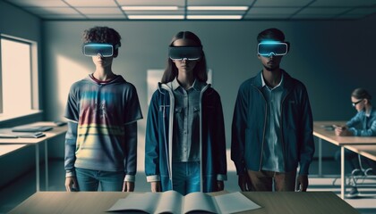 Poster - three people wearing virtual glasses in a classroom with a book classroom stereoscopic photography v
