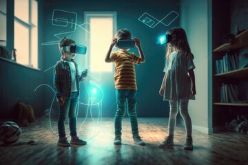 Poster - Three Children Standing In A Room With Virtual Glasses Workshop Stereoscopic Photography Virtual Reality  Generative AI 