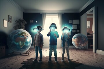 Poster - Three People Standing In A Room With Three Crystal Balls Workshop Advertising Photography Virtual Reality  Generative AI 