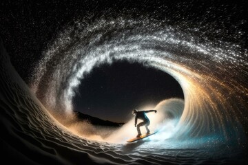 Aufkleber - A Man Riding A Surfboard Inside Of A Wave Moonlit Beach Time-Lapse Photography Scientific Photography  Generative AI 