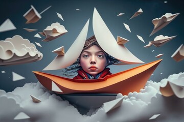 Poster - A Girl Is Floating In A Paper Boat With Paper Airplanes Flying Around Her Marina Origami Fine Art Photography  Generative AI 