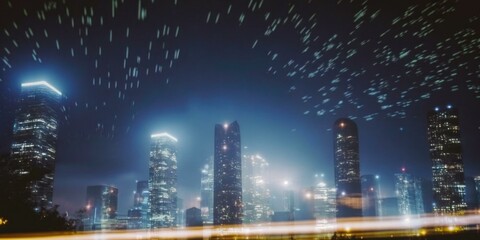 Poster - A City Skyline With A Lot Of Stars In The Sky Modern City Skyline At Night Long Exposure Photography Supply Chain Optimization  Generative AI 