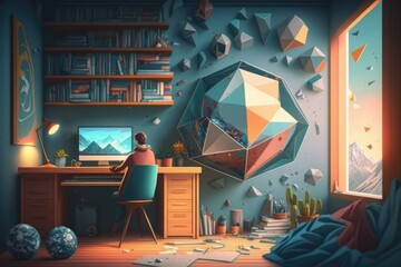 Poster - A Person Sitting At A Desk In A Room With A Computer Law Office Animation Computer Graphics  Generative AI 