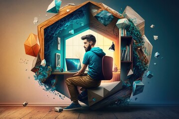 Poster - A Man Sitting At A Desk In A House Shaped Like A Computer Library Graphic Design Computer Graphics 