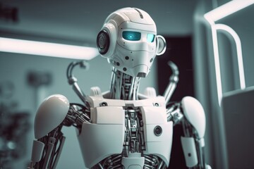 Poster - A Robot Is Sitting In A Room With A Laptop Car Repair Shop Stereoscopic Photography Robotics Engineering ai, robot, business, competition, people, human, sitting, waiting, job, humanoid, technology, a