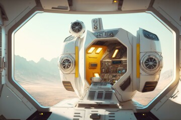 Poster - A Futuristic Space Station With A View Of Mountains Lunar Landscape Photorealism 3D Modeling  Generative AI 