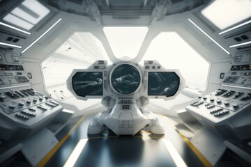 Poster - a futuristic space station with a large monitor and control panel military base photorealism motion 