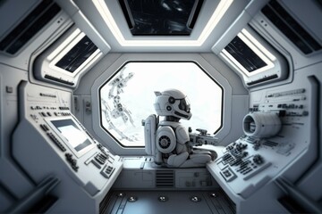 Poster - A Robot Sitting In A Space Station Looking Out The Window Arcade Animation Robotics Engineering  Generative AI 