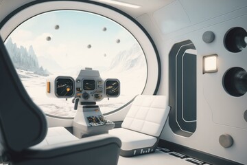 Poster - A Futuristic Looking Room With A Large Window And A Couch Tundra Panoramic Photography Environment  Generative AI 