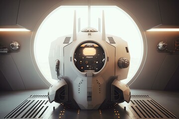 Poster - A Futuristic Space Station With A Large Round Window Military Base Photorealism 3D Modeling  Generative AI 