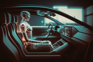 Poster - A Futuristic Driver In A Car With A Futuristic Interface Car Repair Shop Video Art Artificial Intelligence  Generative AI 