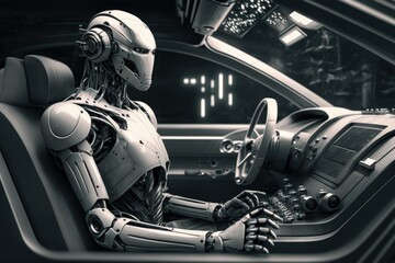 Poster - A Robot Sitting In A Car With A Steering Wheel Car Repair Shop Infrared Photography Artificial Intelligence  Generative AI 