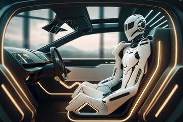 Poster - A Futuristic Car With A Driver'S Seat And A Steering Wheel Car Dealership Animation Auto Insurance  Generative AI 