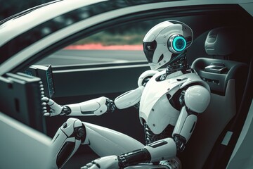 Poster - A Robot Sitting In A Car Holding A Tablet Car Repair Shop Stereoscopic Photography Robotics Engineering  Generative AI 