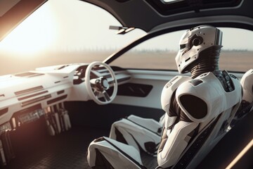 Poster - A Robot Sitting In A Car With The Sun Shining Through The Window Car Repair Shop Panoramic Photography Robotics Engineering  Generative AI 